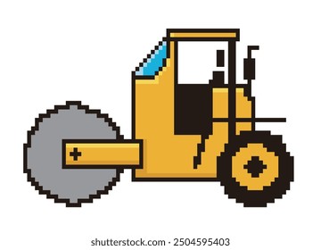 Retro and simple pixel art of automobile drawn in 8-bit, special vehicle, road roller. Working car.