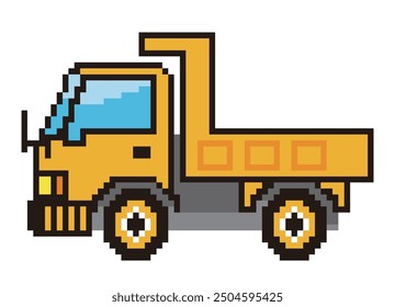 Retro and simple pixel art of automobile drawn in 8-bit, special vehicle, dump truck. Working car.