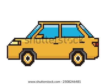 Retro and simple pixel art of automobile drawn in 8-bit, passenger car, sedan illustration.