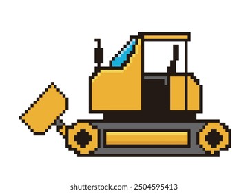 Retro and simple pixel art of a car drawn in 8-bit, special vehicle, bulldozer. Working car