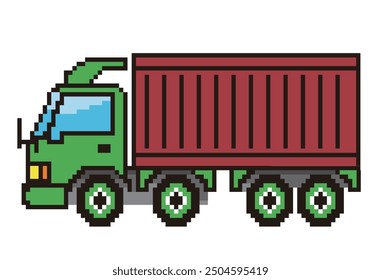 Retro and simple pixel art of a car drawn in 8-bit, illustration of a container trailer truck. Working car.