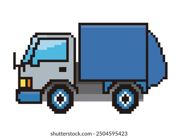 Retro and simple pixel art of a car drawn in 8-bit, illustration of a garbage truck. Working car.