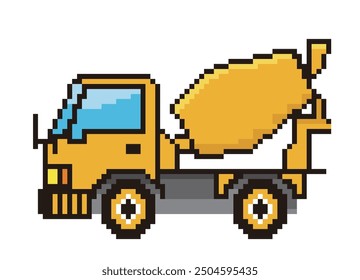 Retro and simple pixel art of a car drawn in 8-bit, special vehicle, concrete mixer truck. Working car.