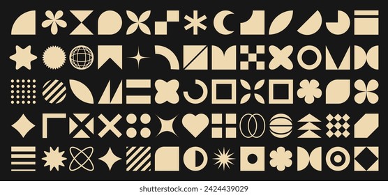Retro simple primitive elements and abstract futuristic brutalism shapes. Y2k geometric elements for logo, icon, web design, print, advertising.