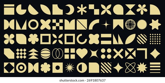 Retro simple primitive elements and abstract futuristic brutalism shapes. Y2k geometric elements for logo, icon, web design, print, advertising.