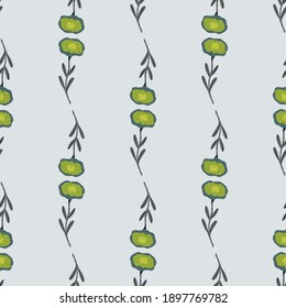 Retro simple seamless pattern with green flowers ornament. Pale blue background. Flat vector print for textile, fabric, giftwrap, wallpapers. Endless illustration.