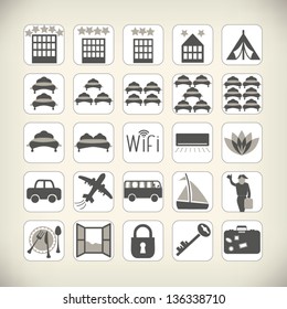 Retro simplified travel icons with signs and symbols for transport, accommodation and rooms