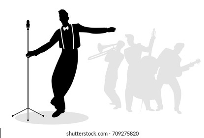 Retro singer 'crooner' silhouette with musicians in the background