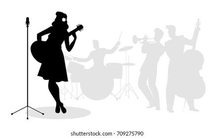 Retro singer woman guitarist silhouette with musicians in the background