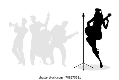 Retro singer woman guitarist silhouette with musicians in the background