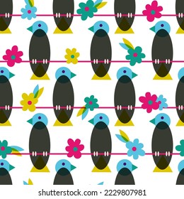Retro Sitting Black Bird on Branch Vector Seamless Pattern