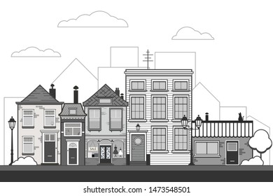 Retro sity. Town street flat vector with low-rise houses, commercial, public buildings in various architecture styles, sidewalk with city lights and road illustration. Vector stock illustration, EPS10