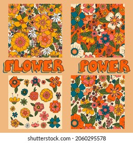 Retro sixties and seventies three seamless sets with one sheet of various flowers