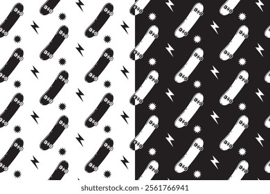 retro skateboard with thunder star seamless pattern on black white background for packaging and merchandise.  skateboarding with bold lightning pattern background. pattern of skateboarding background