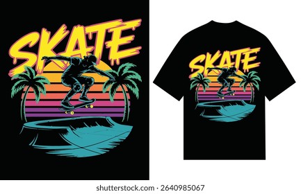Retro skateboarder sunset palm trees summer vibes