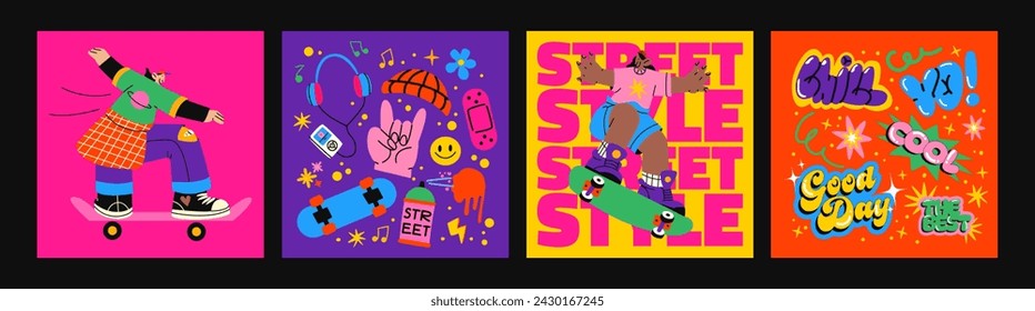 Retro skater posters in 90s cartoon style. Skateboarding badges, rollers, vinyl, vintage, UFO. Hippie acid groovy y2k, nostalgia vector shapes