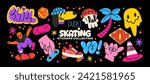 Retro skater stickers in 90s cartoon style. Skateboarding badges, rollers, vinyl, vintage, UFO. Hippie acid groovy y2k, nostalgia vector shapes