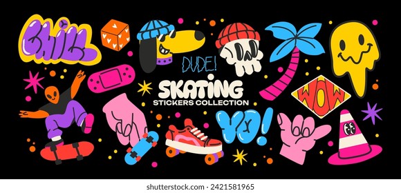 Retro skater stickers in 90s cartoon style. Skateboarding badges, rollers, vinyl, vintage, UFO. Hippie acid groovy y2k, nostalgia vector shapes