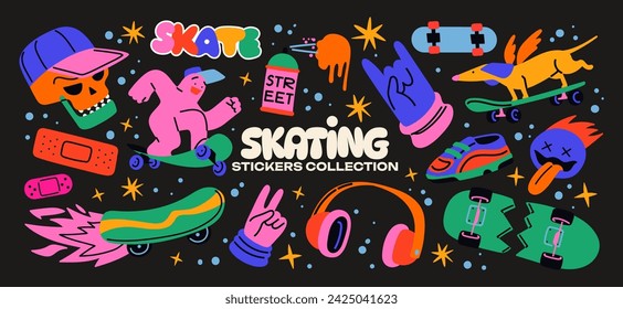 Retro skater stickers in 90s cartoon style. Skateboarding badges, rollers, vinyl, vintage, UFO. Hippie acid groovy y2k, nostalgia vector shapes