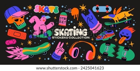 Retro skater stickers in 90s cartoon style. Skateboarding badges, rollers, vinyl, vintage, UFO. Hippie acid groovy y2k, nostalgia vector shapes