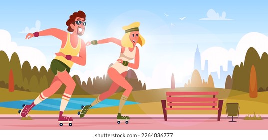 Retro skaters. Active people rollers riding exact vector cartoon background