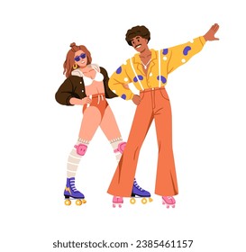 Pareja de patinadores retro en patines de ruedas. Feliz hombre y mujer con ropa de moda al estilo de los años 80. Jóvenes activos patinando en zapatos rollos. Ilustración vectorial plana aislada en fondo blanco