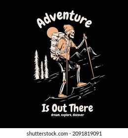 retro skeleton hiking the mountain illustration