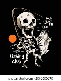 retro skeleton illustration catch the fish