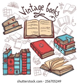 Retro sketch books decorative icons set library concept vector illustration