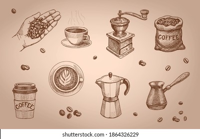 Retro sketch coffee set. Coffee mill, sack, Engraved vintage Espresso cap, coffee mug. Coffee shop logo and emblem Templates for t-shirts, typography or signboards