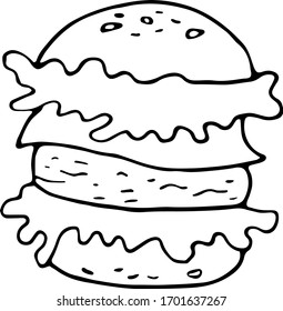 Retro sketch illustration with cheeseburger on white background. Fast food menu.  American food. Doodle vector illustration.