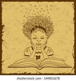 Retro sketch illustration with girl reading a book
