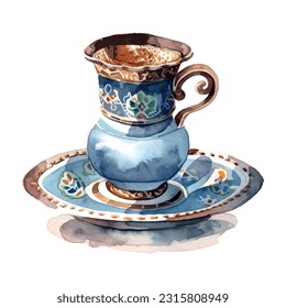 Retro sketch illustration with turkish cup tea watercolor white background. Vector art illustration. Istanbul, turkey. svg