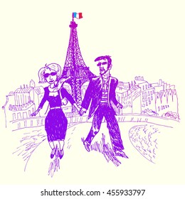  Retro sketch of Paris life, Eiffel Tower. Vintage vector engraving style. Hand drawn illustration