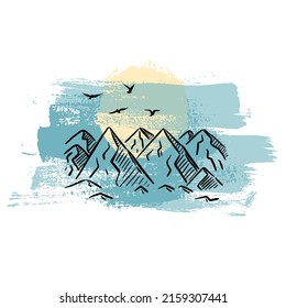 Retro sketch poster with black mountain sunshine on yellow pink background. Vintage nature graphic. Hand drawn text write drawing. Vector art colorful design.
