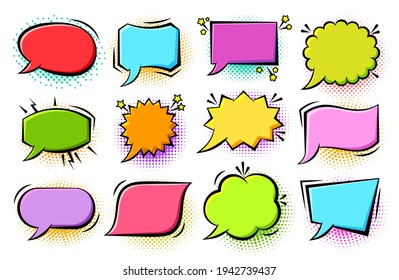 Retro sketch speech bubble icon set. Cartoon pop art bubbles on color halftone background. Boom, burst, wow effect empty frame. Vector design fun comic page dialog text message balloon template shapes