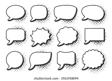 Retro sketch speech bubble icon set. Cartoon pop art bubbles with black halftone shadow. Vector design fun comic page dialog text message balloon template shapes. Boom, burst, wow effect empty frame