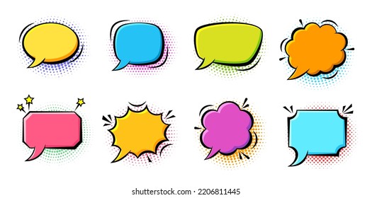 Retro sketch speech bubble icon set. Cartoon pop art bubbles on color halftone background. Explosion boom, burst, wow effect empty frame. Fun comic page dialog text message balloon template shapes