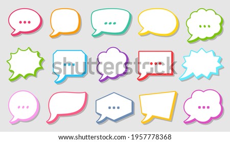 Retro sketch speech bubble icon set. Cartoon pop art bubbles with colorful contour. Vector design fun comic page dialog text message balloon template shapes. Boom, burst, wow effect empty frame