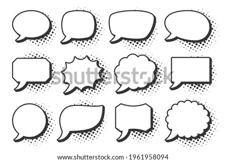 Retro sketch speech bubble icon set. Cartoon pop art bubbles with black halftone shadow. Vector design fun comic page dialog text message balloon template shapes. Boom, burst, wow effect empty frame