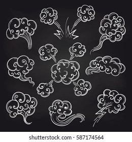 Retro sketch of steam and clouds on blackboard background. Vector illustration