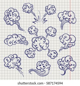 Retro sketch of steam and clouds on notebook background. Vector illustration