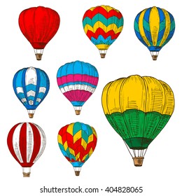 Retro sketched flying hot air balloons with wicker baskets and colorful envelopes, adorned by striped geometric ornaments. Great for romantic weekend, air travel and tourism design usage