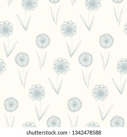 Retro sketchy seamless pattern with blue outline dandelion flowers on tender yellow background. Hand drawn illustration of abstract blowball flower, texture for textile, wrapping paper, surface