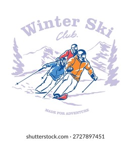 Logotipo de esquí retro Ilustración vectorial de esquí aventura en el parque nacional de la naturaleza de la nieve de la montaña. vintage ropa deportiva al aire libre diseño de suministro de equipo