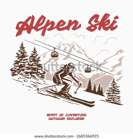 Retro Ski logo vector illustration skier adventure on mountain winter snow nature national park. vintage outdoor apparel design supply gear

