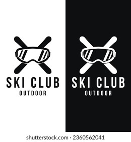 Retro ski sport Logo element on vintage winter season, with skis and mountain.Logo for ski sport, club, badge and label.