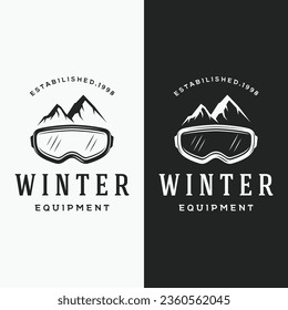 Retro ski sport Logo element on vintage winter season, with skis and mountain.Logo for ski sport, club, badge and label.