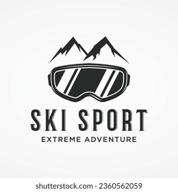 Retro ski sport Logo element on vintage winter season, with skis and mountain.Logo for ski sport, club, badge and label.