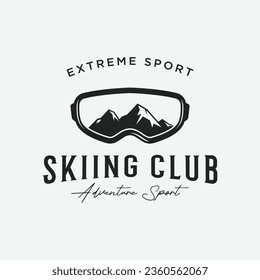 Retro ski sport Logo element on vintage winter season, with skis and mountain.Logo for ski sport, club, badge and label.